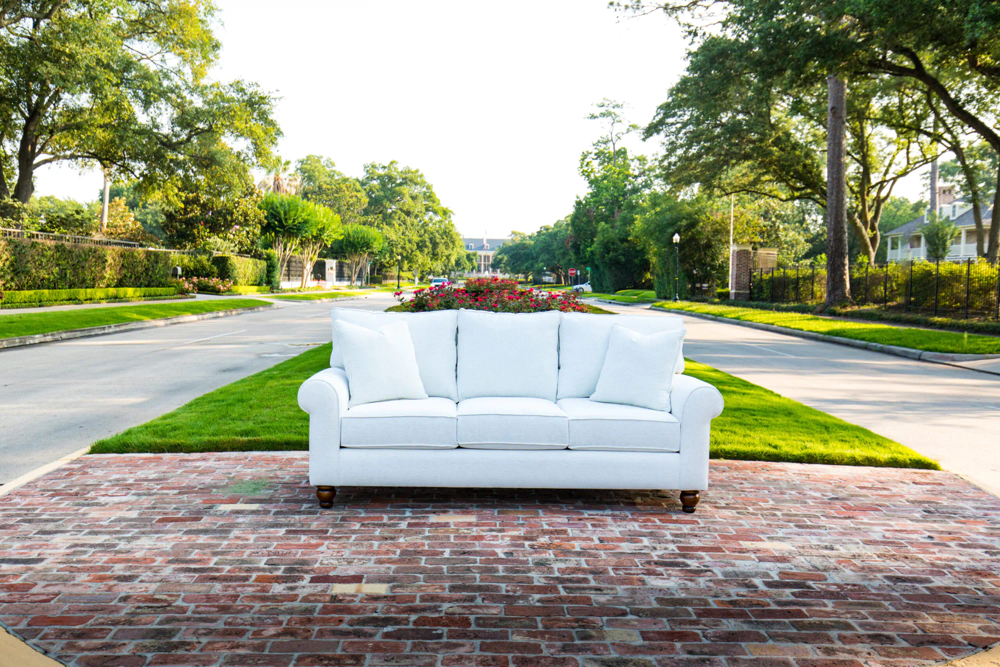 white sofa on street outside