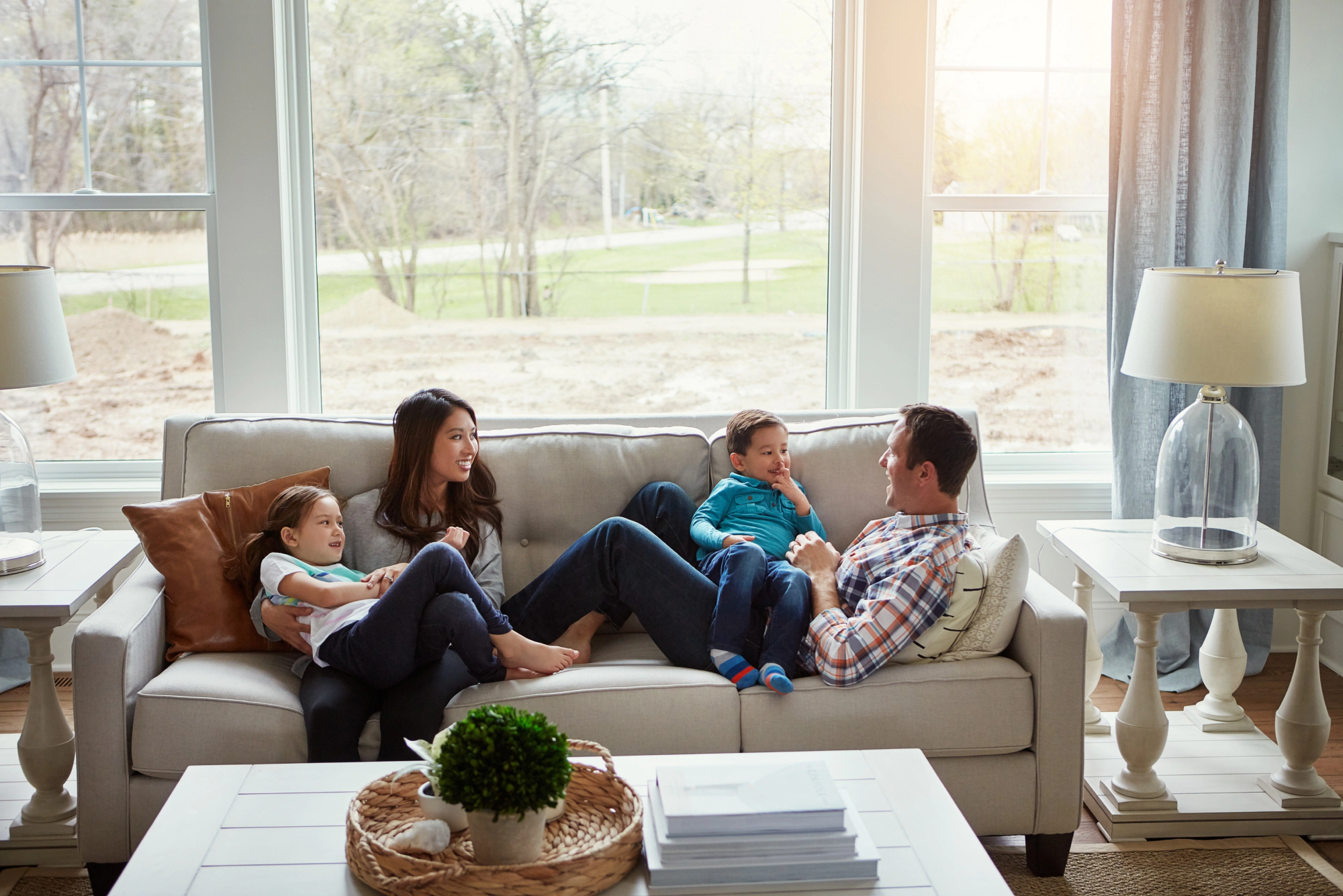 Relax children happy family home parents living room